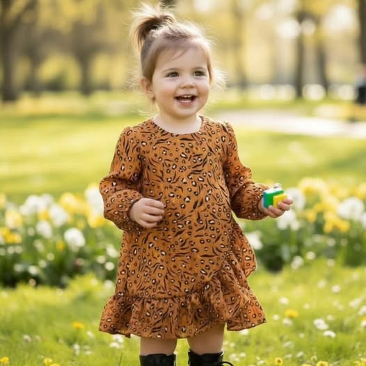 Μπεμπέ φόρεμα χειμερινό για κορίτσι μουσελίνα σε ώχρα λεοπάρ
