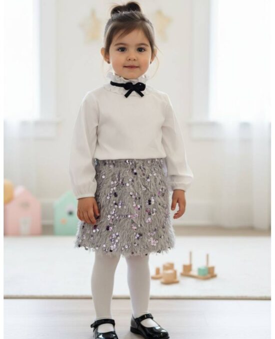 Σετ πουκάμισο και φούστα ασημή με πούπουλα και παγετα